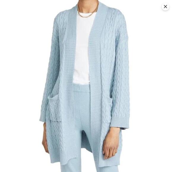 SABLYN Mirna Long Braided Cable Knit Long Open Cardigan Sweater Sky Blue X-Small - Picture 1 of 9
